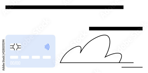 Blue contactless payment card with chip, abstract cloud shape, and straight black lines. Ideal for finance, payment tech, digital banking, e-commerce, security, minimalism abstract line flat