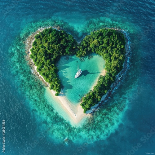 Heart-shaped Island Paradise with Sailboat, Tropical Waters