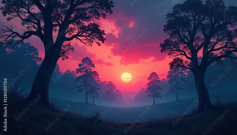 Misty forest, skeletal trees claw at twilight sky, autumn, sun Misty forest, skeletal trees claw at twilight sky, autumn, sun