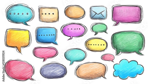 Colorful hand-drawn speech bubbles, communication
