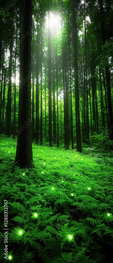 Obraz premium A serene forest scene illuminated by sunlight, featuring tall trees and lush greenery, with magical glowing elements enhancing the enchanting atmosphere.