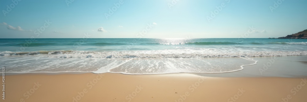 Expansive sandy beach at low tide, vibrant sunlight , waves, sand Expansive sandy beach at low tide, vibrant sunlight , waves, sand