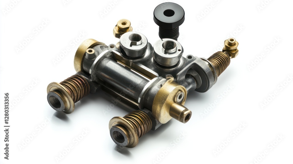 Close-up of complex metallic mechanism with various parts and components. Close-up of complex metallic mechanism with various parts and components.