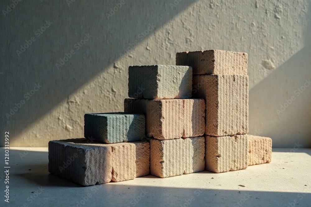 Obraz premium Stacking cinder blocks, shadow play, uneven surface, stacked, high resolution