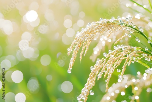 Dewdrops swaying in the morning light from rice paddies