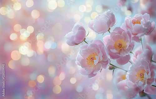 Close up of pastel pink peony flowers at bokeh background. Floral border