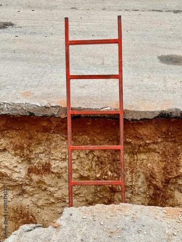 A red metal ladder positioned against the edge of a deep trench at a construction site. The exposed soil layers and broken asphalt indicate ongoing excavation work.