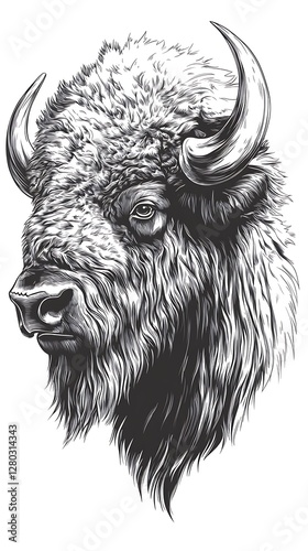 Detailed Bison Head, Monochrome Illustration