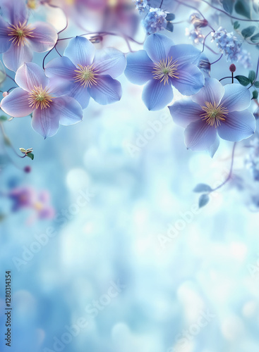 Dreamy flowers frame with hanging blue flowers at bokeh background