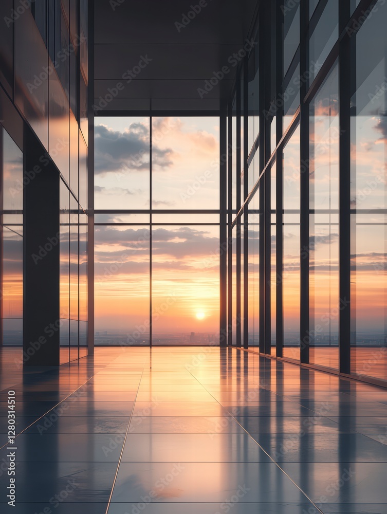 Fototapeta premium Skyline's Embrace: Captured from inside a modern building with large glass windows the image depicts the stunning sunset paints the sky, a serene moment