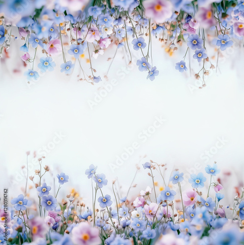 Floral frame with blue wild flowers at white background