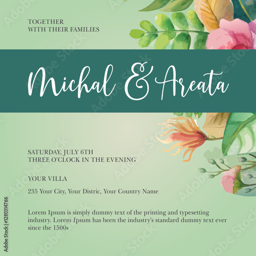 Beautiful floral wedding invitation. White and burgundy red peony, pink roses and hydrangea flowers, orchid, eucalyptus leaves.
