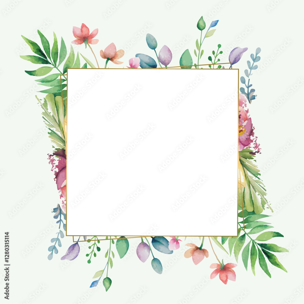 Square background with blue flowers Floral frame with  Banner poster flyer postcard. Summer backgrounds with tropical palm leaves. Pink and purple wild flowers vector illustration.