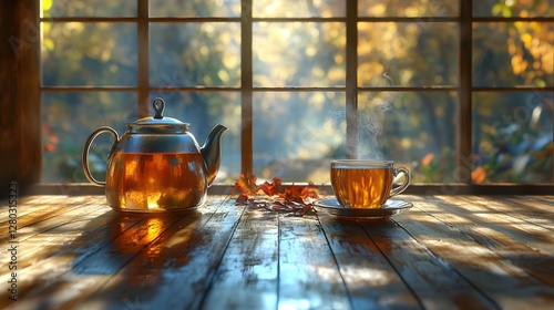 The ancient tea pot and hot tea under the sunshine by the teahouse window photo