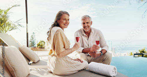 Quadro su tela Mature couple, portrait and wine on vacation, traveller and bonding on trip with alcohol and happy