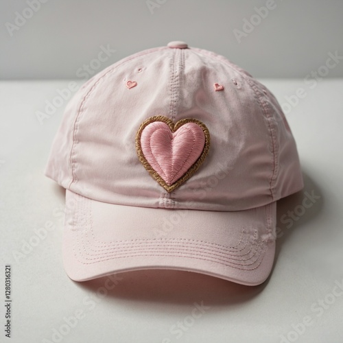 A minimalist flat-lay of a pastel pink summer cap with a small embroidered heart, photographed on a clean white background.