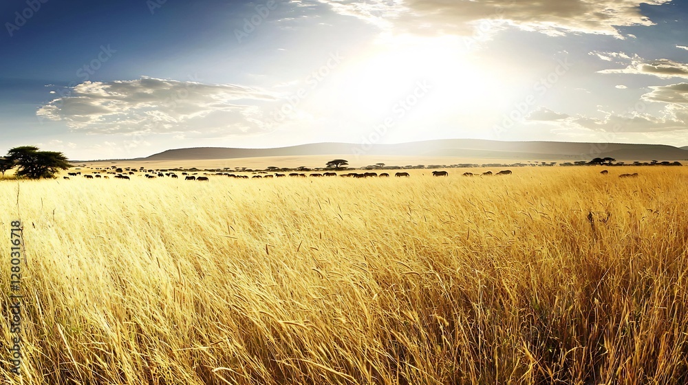 Obraz premium Majestic Serengeti Landscape with Grazing Elephants at Sunset in Tanzania