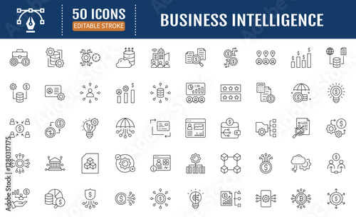 Business intelligence line editable icon set. Containing
technology, enterprise, data analysis, management,
reporting, mining and more. Vector Illustration