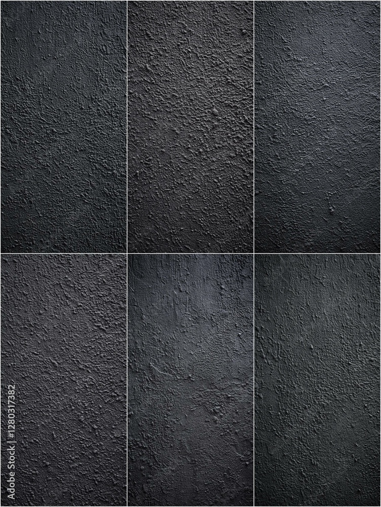 Fototapeta premium A black and white photo of a wall with a rough texture. The photo is a set of six images, each with a different texture. Scene is somber and moody, with the black