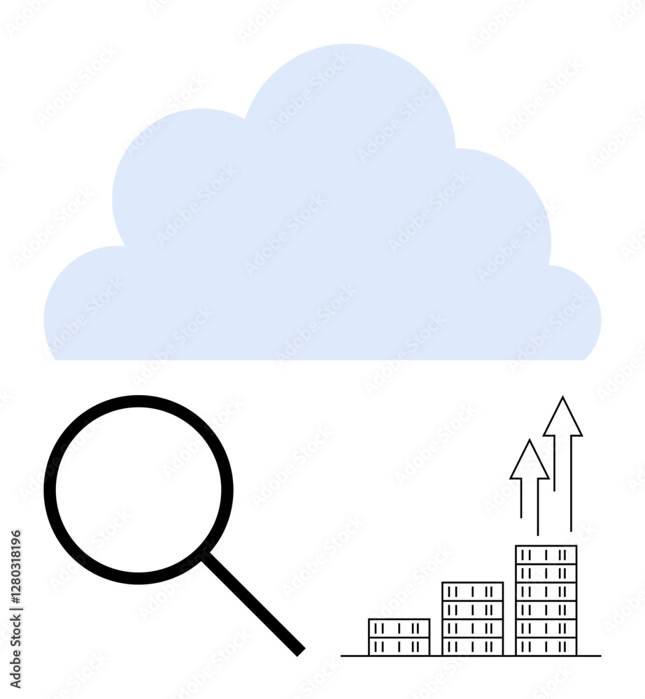 Cloud with magnifying glass, stacked buildings, and upward arrows symbolizing growth, analytics, innovation, and data-driven strategies. Ideal for business, technology, data storage cloud services Cloud with magnifying glass, stacked buildings, and upward arrows symbolizing growth, analytics, innovation, and data-driven strategies. Ideal for business, technology, data storage cloud services