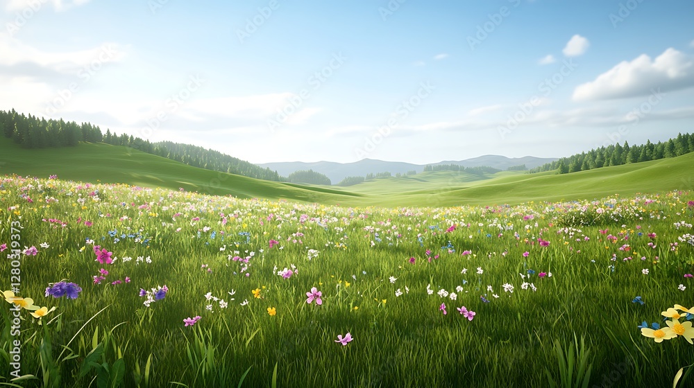 Vibrant spring meadow in full bloom, showcasing colorful flowers and lush greenery in a serene landscape.
