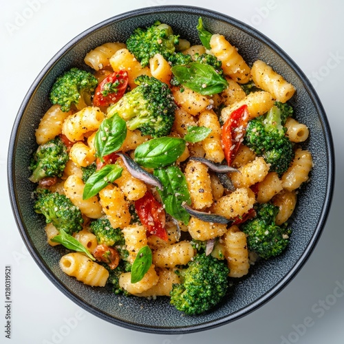 A bowl of pasta with broccoli, tomatoes, and anchovies