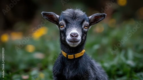 Kid goat portrait, farm, spring, yellow collar, blurred flowers, nature