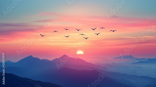Serene Sunrise Over Mountain Range with Flock of Birds Flying Across Colorful Sky at Dusk