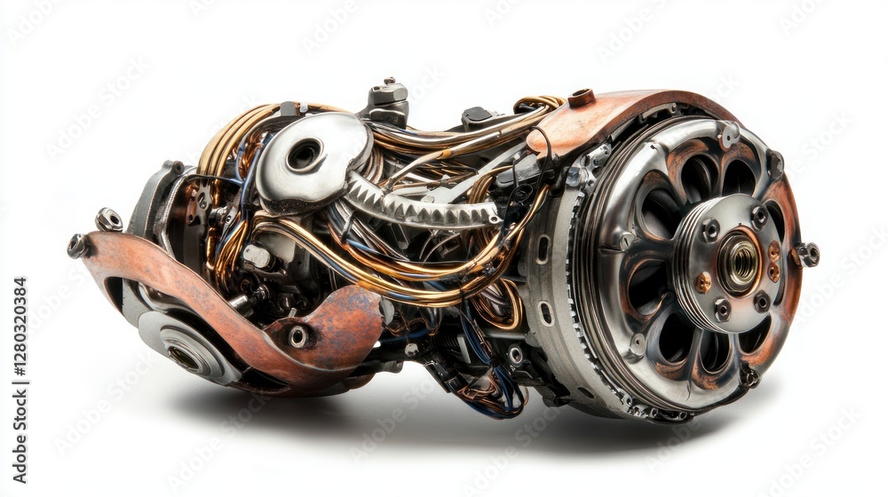 Close-up of intricate metallic robotic arm mechanism, showcasing gears, wires, and copper components against a white background. Close-up of intricate metallic robotic arm mechanism, showcasing gears, wires, and copper components against a white background.