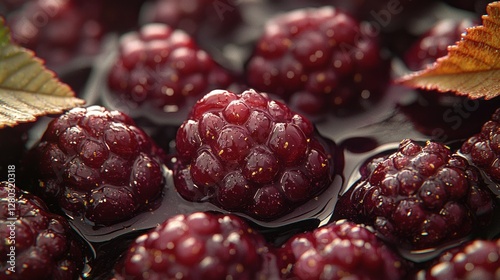 Juicy blackberries soaking, autumn leaves, close-up, food photography