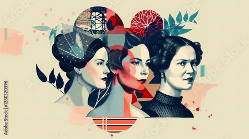 This collage features stylized portraits of inspiring women from different eras, highlighting their achievements and contributions to women's rights