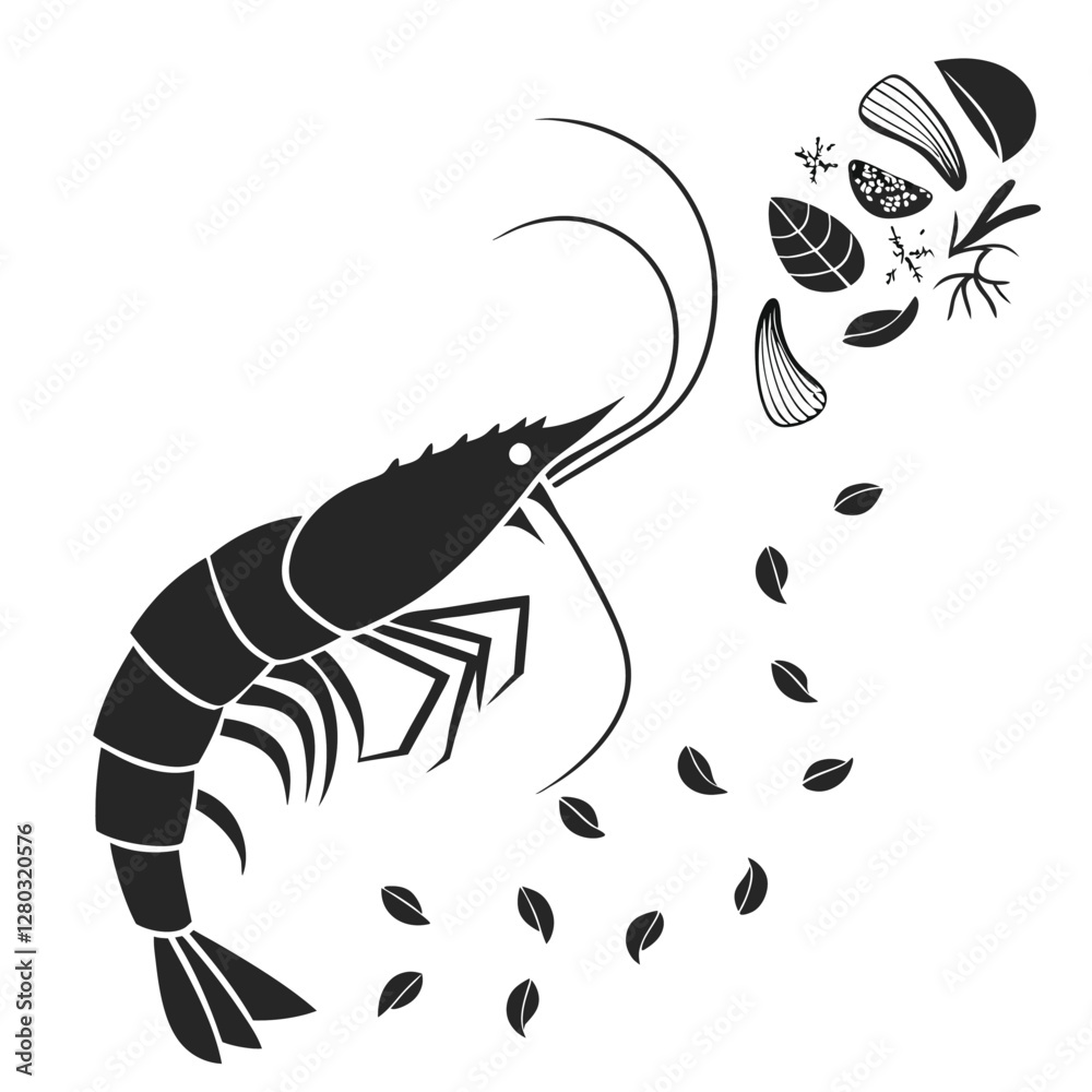 Fototapeta premium Black and White Shrimp Vector Illustration with Herbs and Spices - Seafood Graphic for Culinary Design and Restaurant Menus
