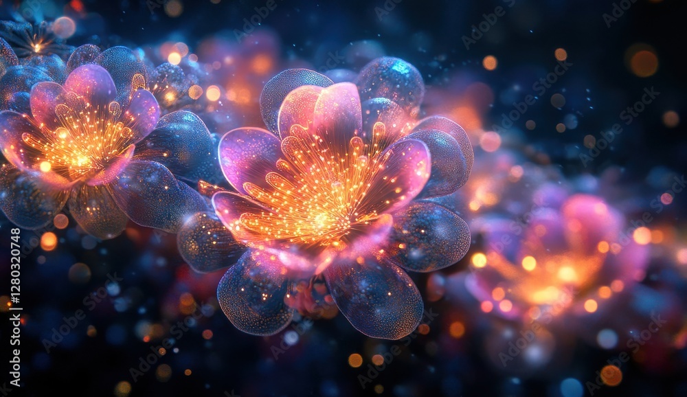 Colorful Abstract Flowers Shining with Light and Sparkles in a Dreamlike Background of Blue and Orange Hues Colorful Abstract Flowers Shining with Light and Sparkles in a Dreamlike Background of Blue and Orange Hues