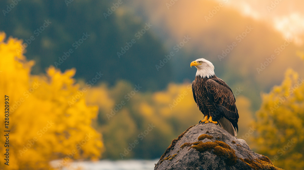Fototapeta premium Majestic Eagle in Wilderness: A bald eagle with its iconic white head and piercing gaze perches regally on a moss-covered rock, surveying its domain in a sun-kissed, autumn-hued wilderness.