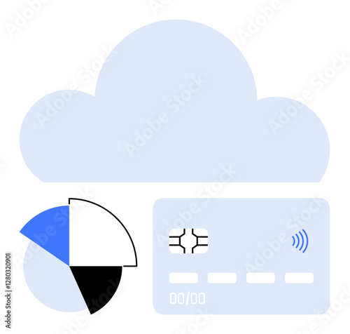 Light blue cloud, chip-enabled credit card, and pie chart segments showcasing data and technology. Ideal for finance, cloud computing, payment systems, analytics, security, technology abstract line