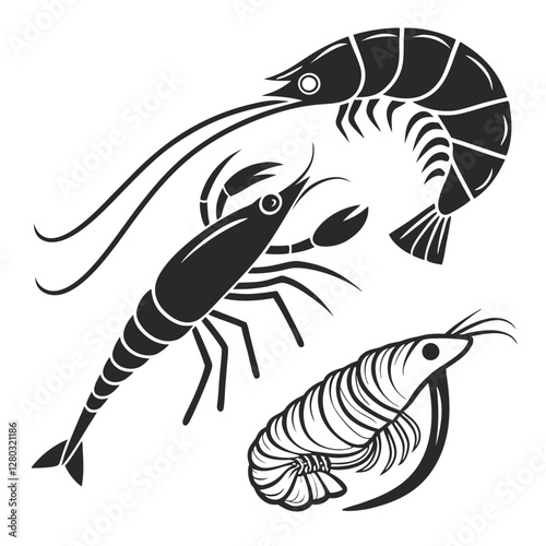 Shrimp Vector Illustration: Black and White Seafood Graphic of Prawns, Mantis Shrimp, and Caridea for Culinary Design & Seafood Restaurant Logo