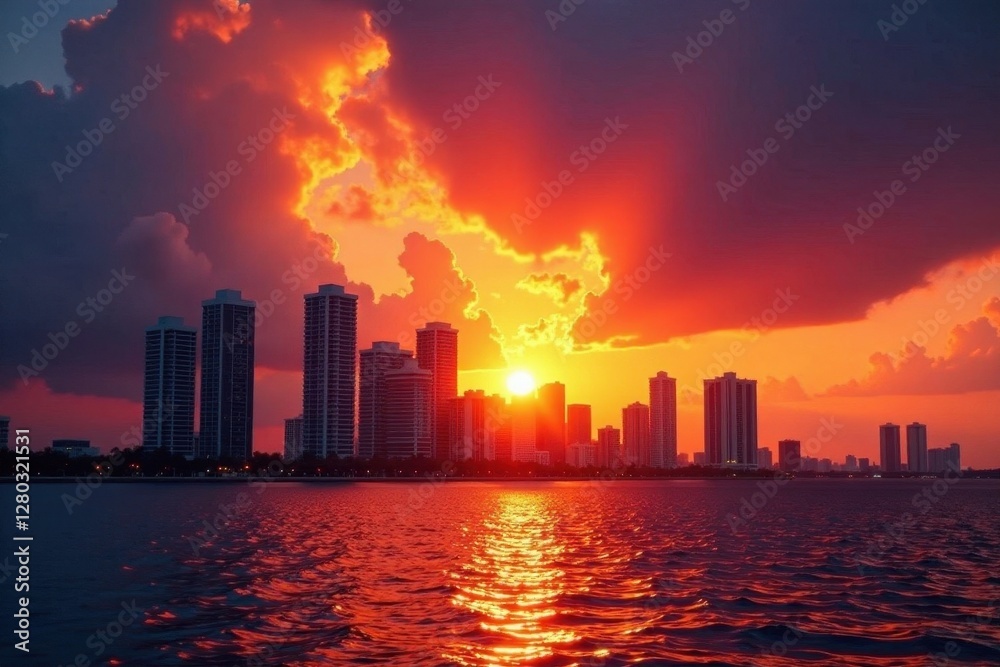 Obraz premium Dramatic Miami sunset, skyscrapers silhouetted against fiery sky, rays, sunset, clouds