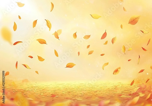 Autumn leaves falling, golden ground, soft light background.  Use Seasonal backdrop