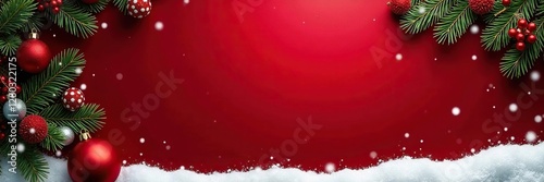 Snowy red winter background with Christmas decorations, wreath, garland, winter wonderland