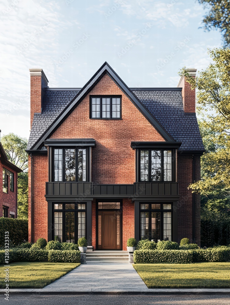 Modern Residential Home: An inviting view of a contemporary brick home featuring a striking gable roof and immaculate landscaping, exuding warmth and sophisticated charm. Modern Residential Home: An inviting view of a contemporary brick home featuring a striking gable roof and immaculate landscaping, exuding warmth and sophisticated charm.