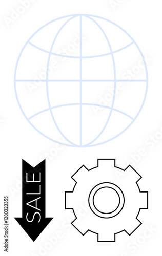 Globe with grid lines, downward sale arrow, gear suggesting global commerce, discounts, process improvement. Ideal for business, marketing, e-commerce, analytics efficiency optimization abstract