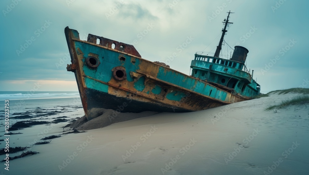 Abandoned Shipwreck Resting on a Deserted Beach Abandoned Shipwreck Resting on a Deserted Beach