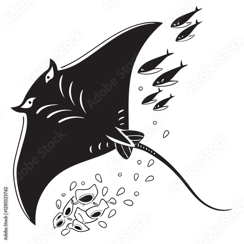 Manta Ray Illustration: Black and White Vector Graphic of a Manta Ray with Fish, Ocean Life, Marine Animal Art, Sea Creature Design