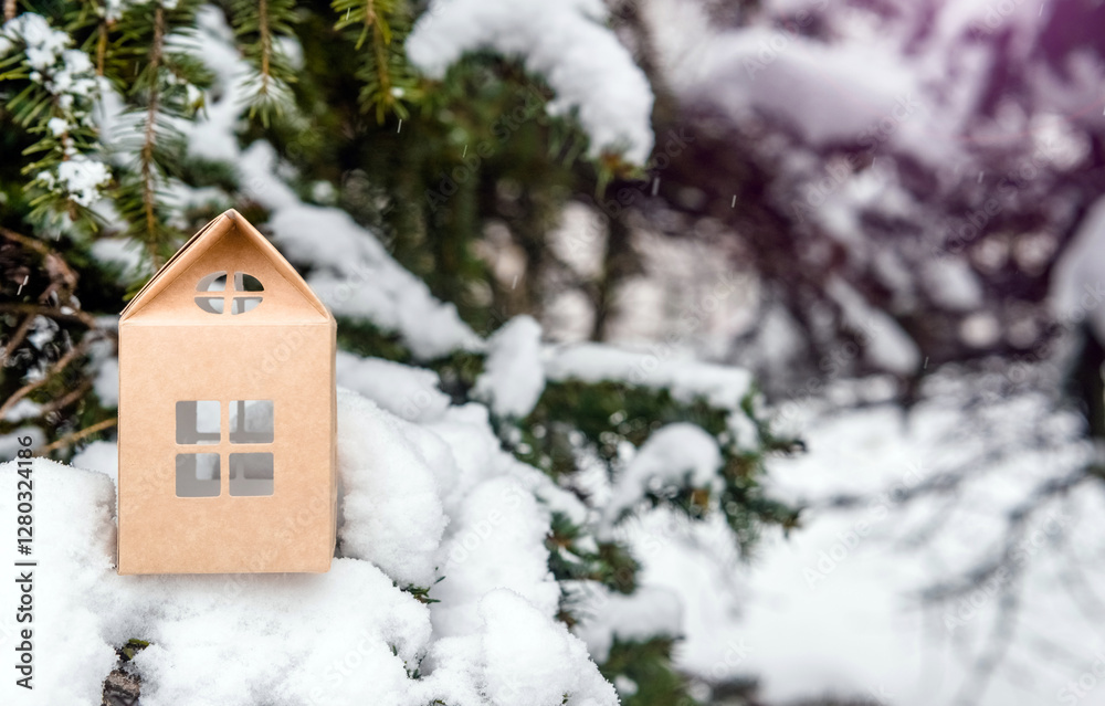 symbol of the house stands on a snow-covered fir branches
symbol of the house stands on a snow-covered fir branches