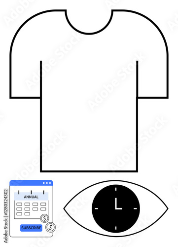 T-shirt outline, subscription calendar with payment icon, clock-themed eye icon. Ideal for e-commerce, branding, subscriptions, time management, product design fashion retail. Abstract line flat