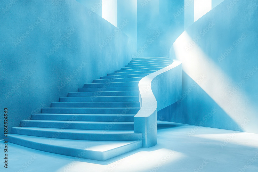 Fototapeta premium Blue staircase reaching towards a bright light, minimalistic and stark contrast, symbolizing ascent or enlightenment.