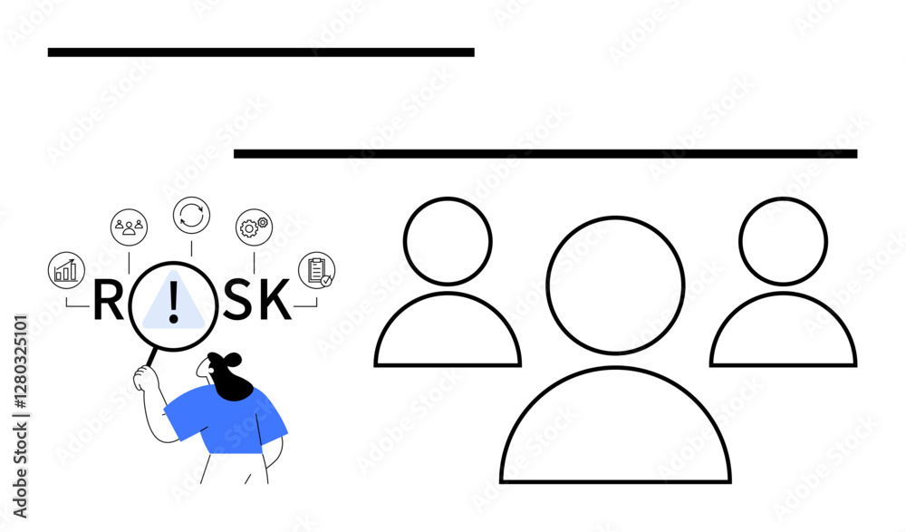 Businesswoman examines RISK using a magnifying glass surrounded by icons for data, threat, and decision-making. Visible team outlines emphasize collaboration. Ideal for analysis, teamwork, risk Businesswoman examines RISK using a magnifying glass surrounded by icons for data, threat, and decision-making. Visible team outlines emphasize collaboration. Ideal for analysis, teamwork, risk
