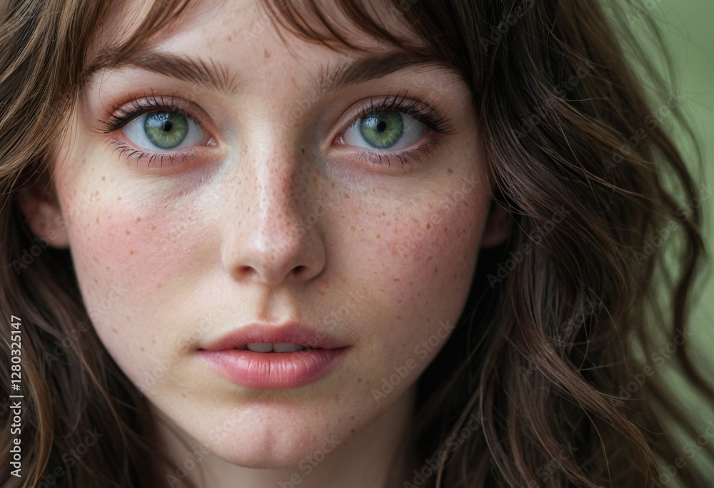 Close-up portrait, young woman, pale skin, freckles, vibrant green eyes, long eyelashes, dark messy hair, wispy bangs, soft pink lips, natural beauty, high detail, shallow depth of field Close-up portrait, young woman, pale skin, freckles, vibrant green eyes, long eyelashes, dark messy hair, wispy bangs, soft pink lips, natural beauty, high detail, shallow depth of field