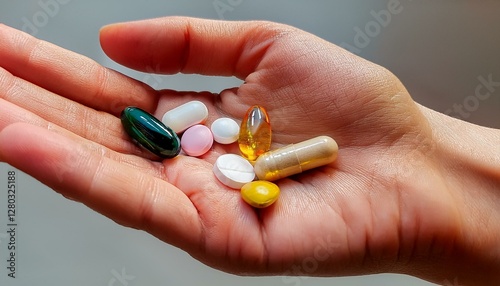 A close-up shot captures the delicate yet firm grip of a woman's hand holding a variety of pills, symbolizing medication, health, and wellness. 