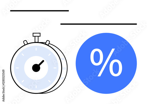 Stopwatch and percentage symbol side by side. Ideal for themes thumbs up time management, efficiency, finance, savings, deadlines, productivity, business strategies. Minimalist design with abstract